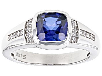 Picture of Pre-Owned Blue Lab Created Sapphire With White Zircon Rhodium Over Sterling Silver Men's Ring 2.09ct