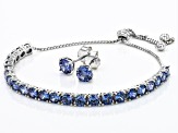 Pre-Owned Blue Cubic Zirconia Rhodium Over Sterling Silver Bracelet And Earrings Set 12.30ctw