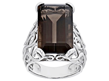 Picture of Pre-Owned Brown Smoky Quartz Rhodium Over Sterling Silver Solitaire Ring 15.00ct
