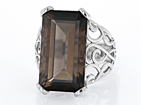 Pre-Owned Brown Smoky Quartz Rhodium Over Sterling Silver Solitaire Ring 15.00ct