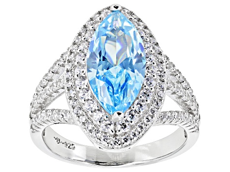 Pre-Owned Blue And White Cubic Zirconia Rhodium Over Sterling Silver Ring 5.08ctw