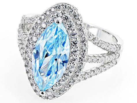 Pre-Owned Blue And White Cubic Zirconia Rhodium Over Sterling Silver Ring 5.08ctw