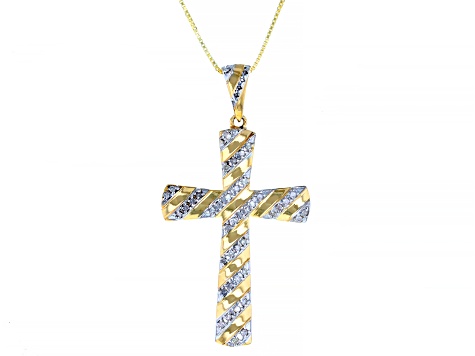 Pre-Owned White Diamond 14k Yellow Gold Over Sterling Silver Unisex Cross Pendant With Box Chain 0.2