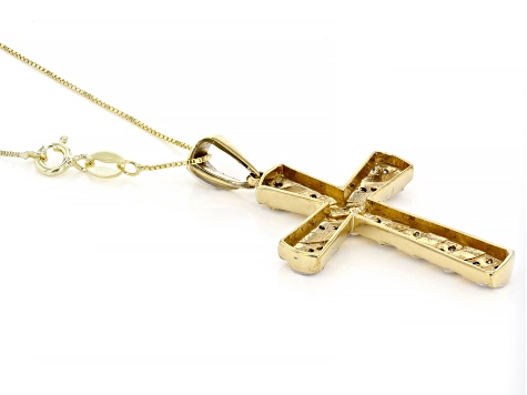 Pre-Owned White Diamond 14k Yellow Gold Over Sterling Silver Unisex Cross Pendant With Box Chain 0.2