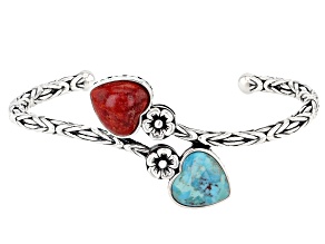 Pre-Owned Blue Turquoise and Coral Rhodium Over Sterling Silver 2-Stone Bypass Bracelet