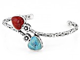 Pre-Owned Blue Turquoise and Coral Rhodium Over Sterling Silver 2-Stone Bypass Bracelet