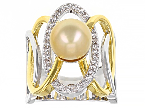 Pre-Owned Golden Cultured South Sea Pearl with White Zircon Rhodium & 18k Yellow Gold Over Silver Ri