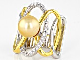 Pre-Owned Golden Cultured South Sea Pearl with White Zircon Rhodium & 18k Yellow Gold Over Silver Ri