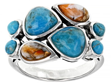Picture of Pre-Owned Turquoise and Spiny Oyster Shell Rhodium Over Silver Ring