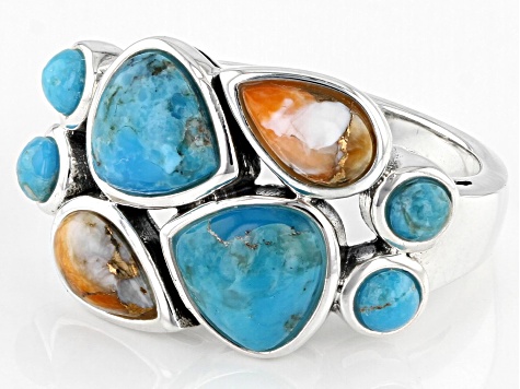 Pre-Owned Turquoise and Spiny Oyster Shell Rhodium Over Silver Ring