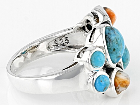 Pre-Owned Turquoise and Spiny Oyster Shell Rhodium Over Silver Ring