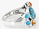 Pre-Owned Turquoise and Spiny Oyster Shell Rhodium Over Silver Ring