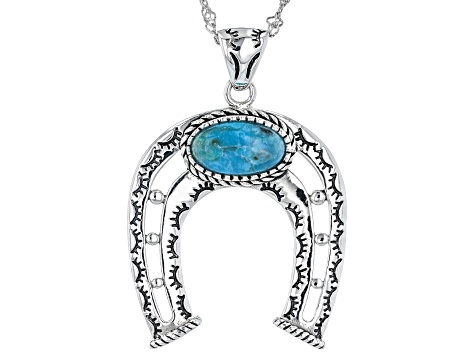 Pre-Owned Turquoise Rhodium Over Sterling Silver Horseshoe Pendant with Chain