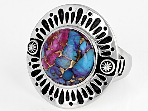 Pre-Owned Blended Turquoise and Purple Spiny Oyster Rhodium Over Sterling Silver Ring