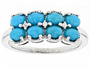 Pre-Owned Blue Sleeping Beauty Turquoise With White Zircon Rhodium Over Sterling Silver Ring .03ctw