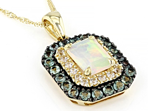 Pre-Owned Multi Color Opal 10k Yellow Gold Pendant with Chain 1.77ctw