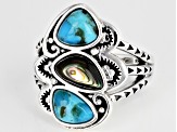 Pre-Owned Blue Turquoise and Abalone Shell Rhodium Over Sterling Silver Ring