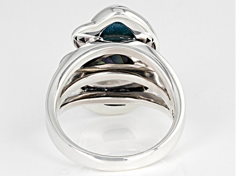 Pre-Owned Blue Turquoise and Abalone Shell Rhodium Over Sterling Silver Ring