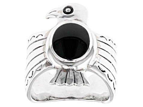 Pre-Owned Black Onyx Rhodium Over Sterling Silver Thunderbird Ring