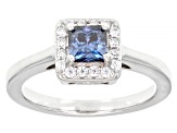 Pre-Owned Blue and colorless moissanite platineve halo ring .90ctw DEW