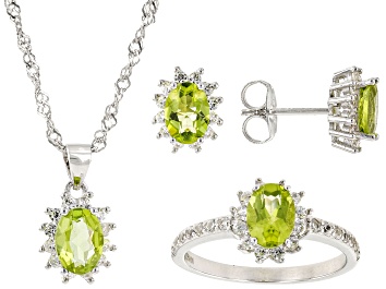 Picture of Pre-Owned Green Peridot Rhodium Over Sterling Silver Ring, Earrings, & Pendant With Chain 3.38ctw