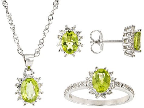 Pre-Owned Green Peridot Rhodium Over Sterling Silver Ring, Earrings, & Pendant With Chain 3.38ctw