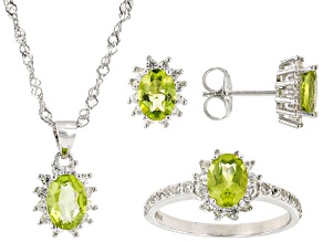 Pre-Owned Green Peridot Rhodium Over Sterling Silver Ring, Earrings, & Pendant With Chain 3.38ctw