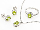 Pre-Owned Green Peridot Rhodium Over Sterling Silver Ring, Earrings, & Pendant With Chain 3.38ctw