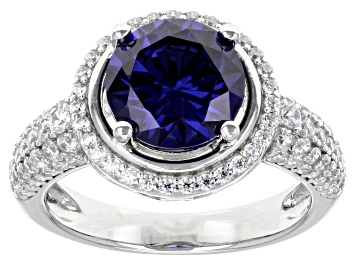 Picture of Pre-Owned Blue And White Cubic Zirconia Rhodium Over Sterling Silver Ring 6.00ctw
