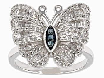 Picture of Pre-Owned White And Blue Diamond Rhodium Over Sterling Silver Butterfly Ring 0.60ctw