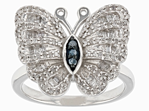 Pre-Owned White And Blue Diamond Rhodium Over Sterling Silver Butterfly Ring 0.60ctw