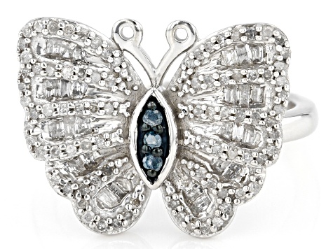 Pre-Owned White And Blue Diamond Rhodium Over Sterling Silver Butterfly Ring 0.60ctw