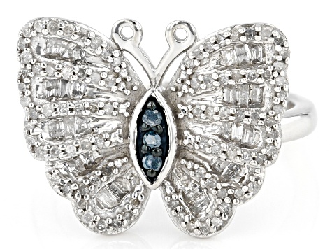 Pre Owned White And Blue Diamond Rhodium Over Sterling Silver Butterfly Ring 0.60ctw P41526 JTV