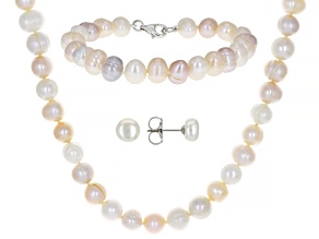 Pre-Owned Multi-Color Cultured Freshwater Pearl Rhodium Over Silver Necklace, Bracelet, and Earring