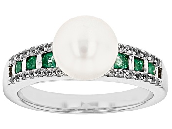 Picture of Pre-Owned Cultured Freshwater Pearl With Zambian Emerald And Zircon Rhodium Over Sterling Silver Rin