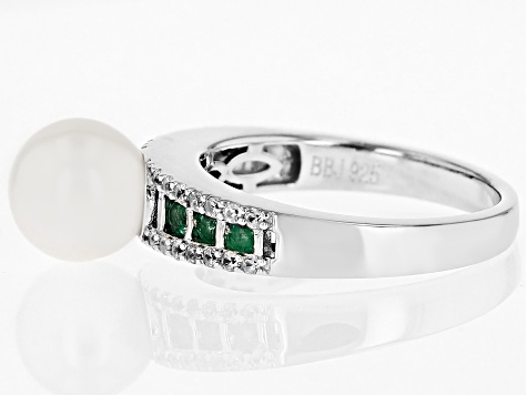 Pre-Owned Cultured Freshwater Pearl With Zambian Emerald And Zircon Rhodium Over Sterling Silver Rin
