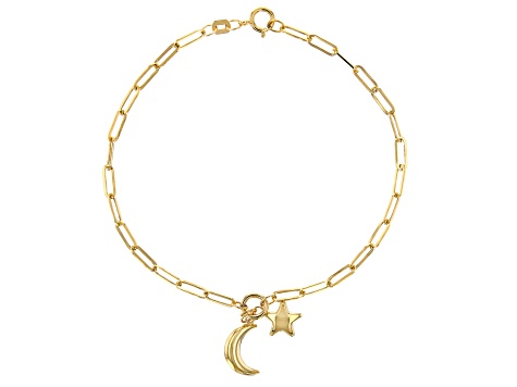 Pre-Owned 10k Yellow Gold Moon & Star Charm Paperclip Link Bracelet