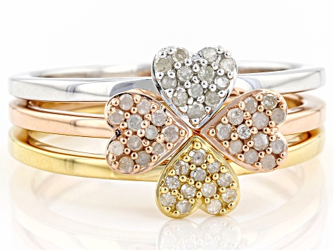 Pre-Owned White Diamond Rhodium and 14k Yellow And Rose Gold Over Sterling Silver Set Of 3 Rings 0.2