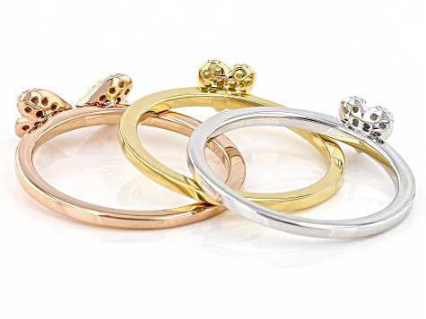Pre-Owned White Diamond Rhodium and 14k Yellow And Rose Gold Over Sterling Silver Set Of 3 Rings 0.2