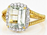 Pre-Owned Barrel Prasiolite and White Zircon 18k Yellow Gold Over Silver Ring