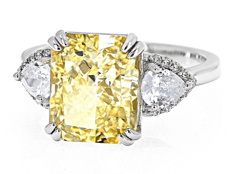 Pre-Owned Canary And White Cubic Zirconia Rhodium Over Silver Ice Flower Cut Ring 12.04ctw