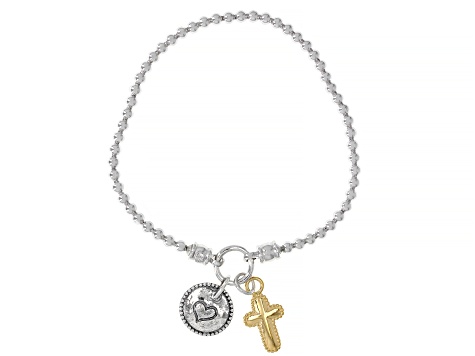 Pre-Owned Sterling Silver and 14K Yellow Gold Over Sterling Silver Cross Stretch Bead Bracelet