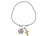 Pre-Owned Sterling Silver and 14K Yellow Gold Over Sterling Silver Cross Stretch Bead Bracelet