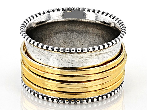 Pre-Owned Sterling Silver and 14K Yellow Over Sterling Silver 5-Row Spinner Ring