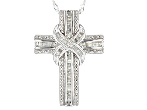 Pre-Owned White Diamond Rhodium Over Sterling Silver Cross Pendant With 18" Singapore Chain 0.70ctw