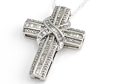 Pre-Owned White Diamond Rhodium Over Sterling Silver Cross Pendant With 18" Singapore Chain 0.70ctw