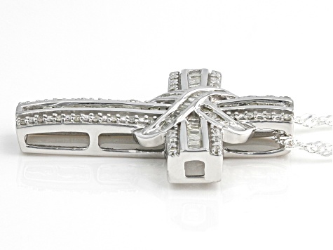 Pre-Owned White Diamond Rhodium Over Sterling Silver Cross Pendant With 18" Singapore Chain 0.70ctw