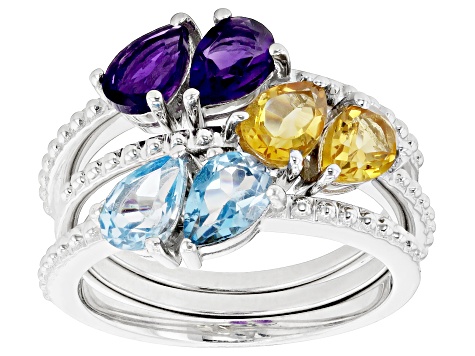 Pre-Owned African Amethyst, Citrine And Swiss Blue Topaz  Rhodium Over Sterling Silver Ring Set Of 3