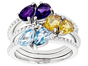 Pre-Owned African Amethyst, Citrine And Swiss Blue Topaz  Rhodium Over Sterling Silver Ring Set Of 3