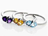 Pre-Owned African Amethyst, Citrine And Swiss Blue Topaz  Rhodium Over Sterling Silver Ring Set Of 3